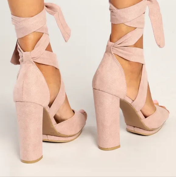 New Lulus Dorian Blush Suede Lace-Up Platform Heels sz 7.5 - Picture 2 of 5